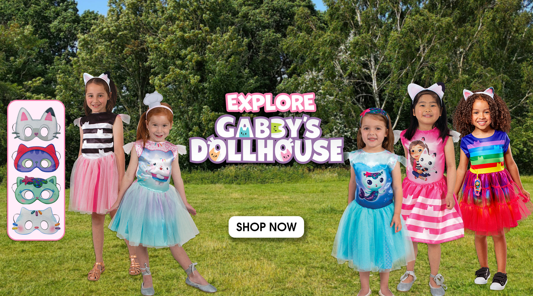 Check out these official Gabby's Dollhouse dresses and masks! Your cat loving child can play as Gabby, Pandy Paws, Mercat, Cakey Cat and DJ Catnip! Order online at Costume Super Centre Australia
